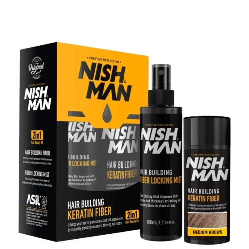 Nishman Hair Building Keratin Fiber + Locking Mist Set/Medium Brown 20g+100ml