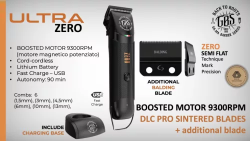 GAMA Professional - GBS - Ultra Zero Hair Clipper - Vezeték Nélküli Hajvágógép (9300 fordulat/perc)