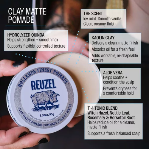 Reuzel - Clay Matte Pomade - Közepes Tartású Matt Agyag Pomádé 95g